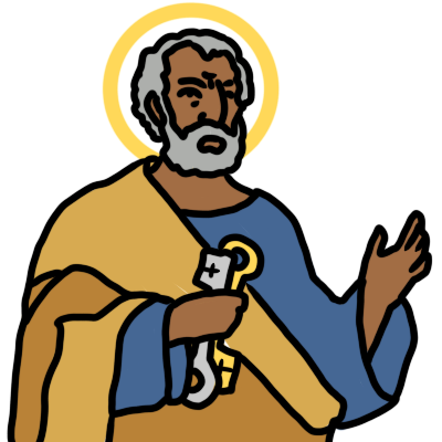 a depiction of Saint Peter, gesturing with one hand and holding a large silver key and large gold key in the other. He's shown as an older middle eastern man with a ring halo, wearing blue and orange.